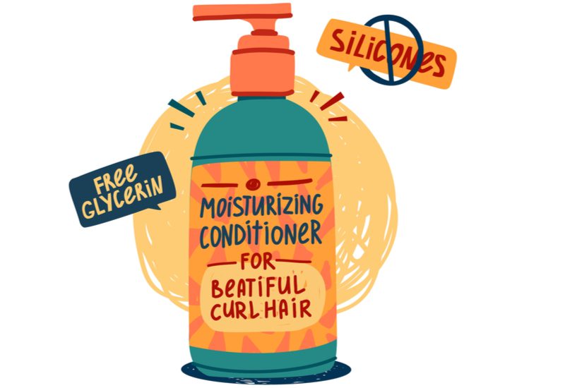Graphic of a silicon-free moisturizing conditioner sketched above squigglies for a piece on the curly girl method