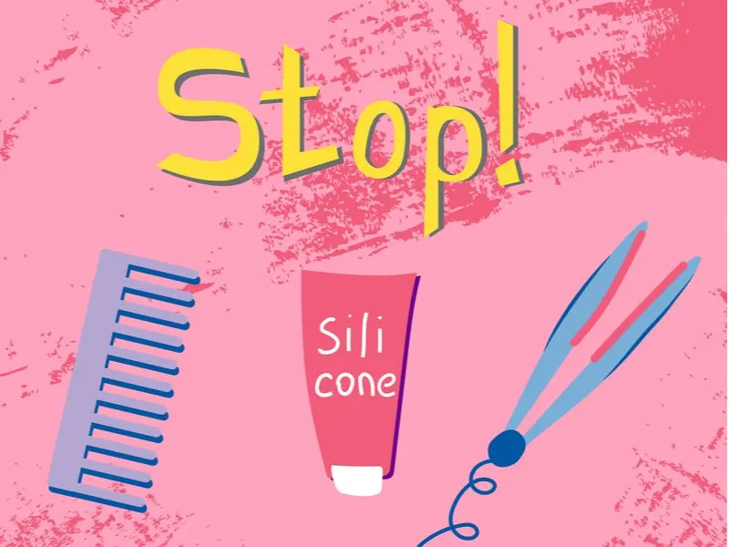 Graphic for a piece on the Curly Girl Method featuring a pink background that says Stop! and has a flat iron, silicon-based styling gel, and comb below