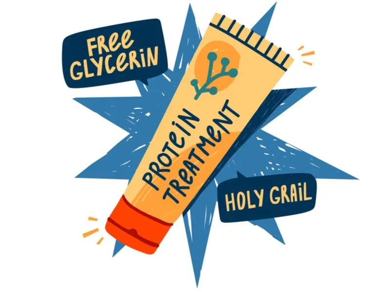 Drawing of a glycerine-free protein treatment to symbolize the last step (styling) in the curly girl method