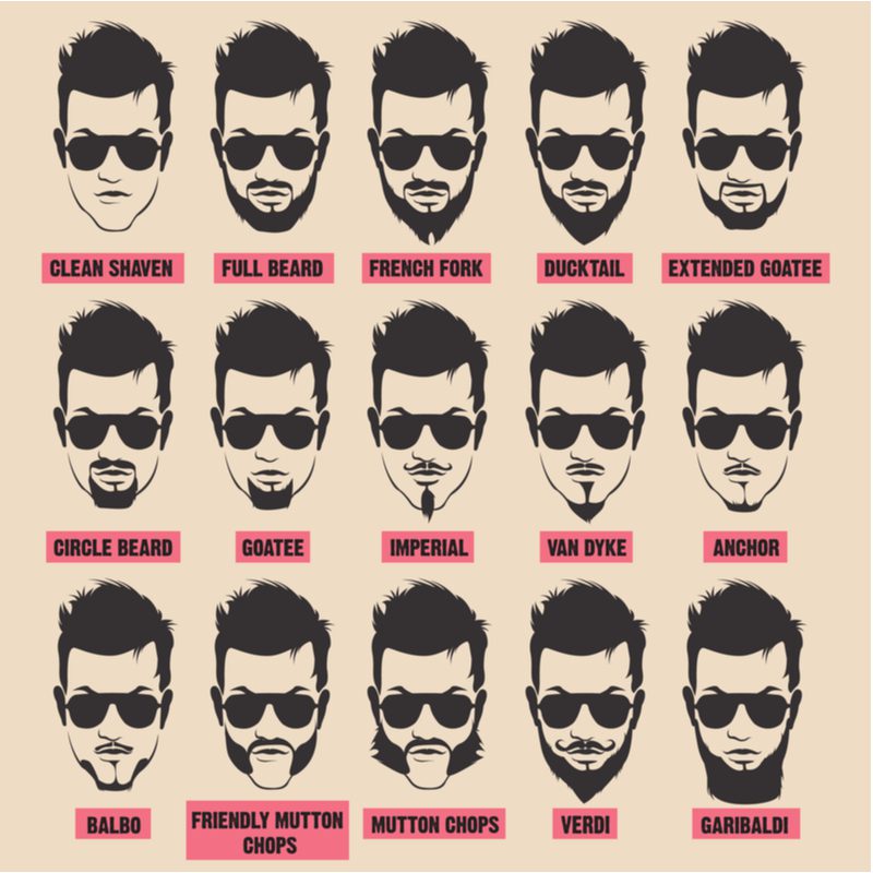 Several different popular beard styles on a man with messy hair in a graphic against a tan background