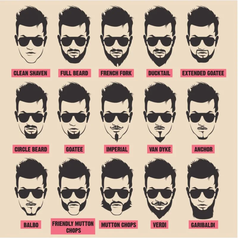 Several different popular beard styles on a man with messy hair in a graphic against a tan background