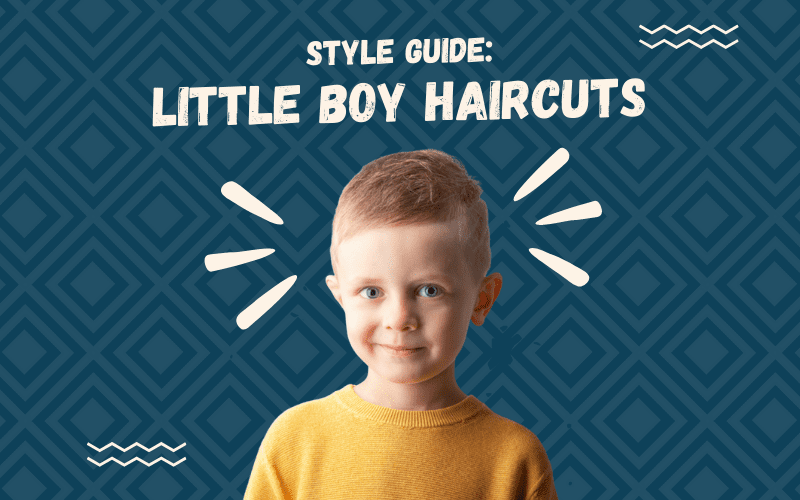 Image Titled Style Guide Little Boy Haircuts featuring a cutout image of a little boy sitting on a blue graphic square background