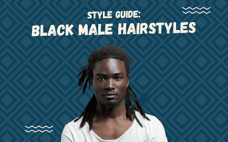 Image titled Black Male Hairstyles featuring a cutout image of a man against a blue graphic square background