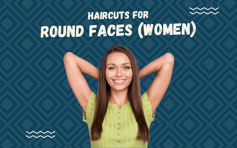 Image titled Haircuts for Round Faces (Women) featuring a woman with a yellow striped shirt holding her arms above her head on a blue background