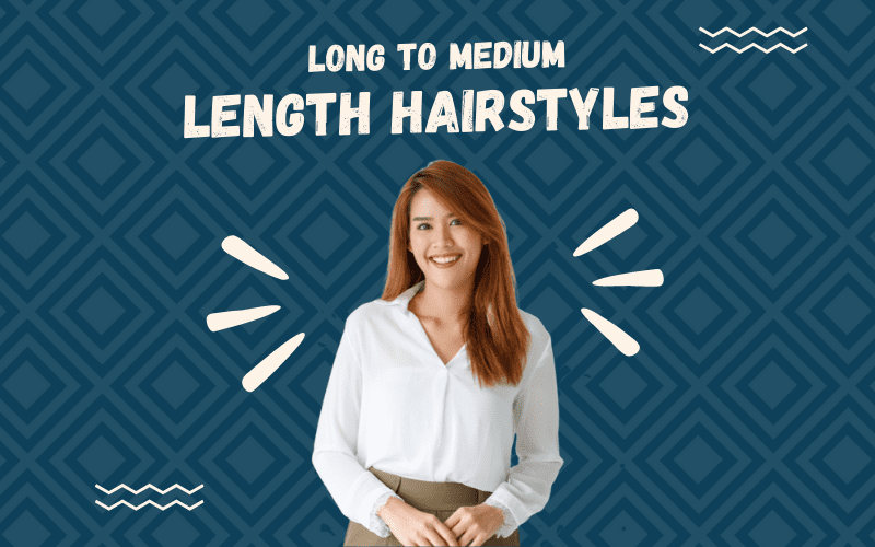 Image titled Long to Medium Length Hairstyles featuring an Asian woman with long hair in a white button-up shirt and khaki skirt
