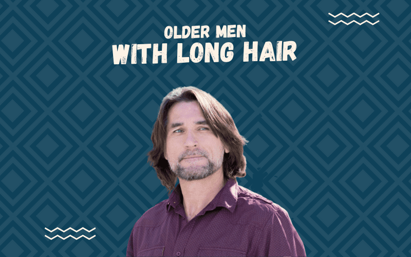 Image titled Older Men With Long Hair featuring an example of such a style in a cutout-type image floating on a blue background
