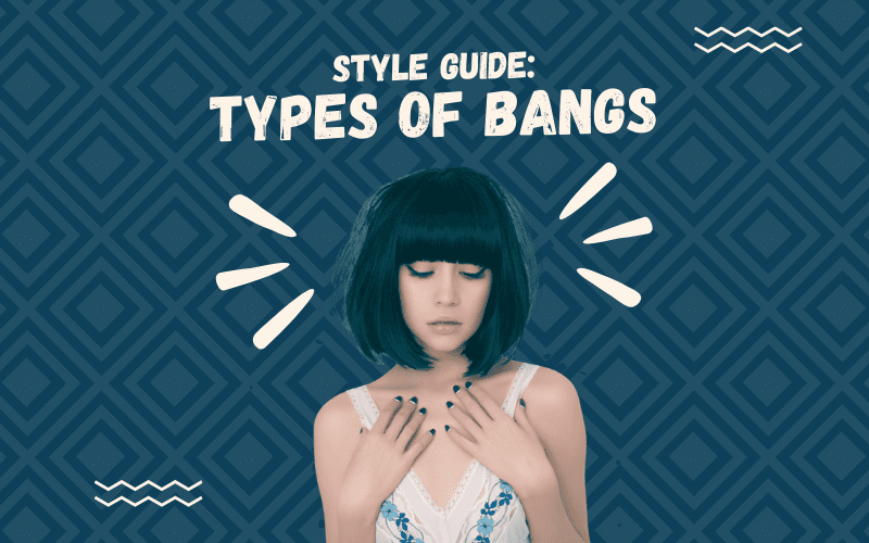 Image titled types of bangs featuring a woman with a popular type of bangs in a cutout image on a blue square-patterned graphic background