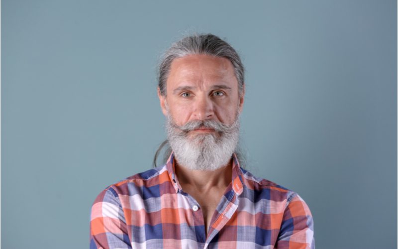 Older man with long hair idea titled Low Ponytail, Full Beard, and Handlebar Moustache