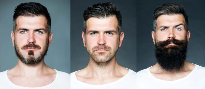 For a piece titled Mens Haircuts with beards featuring a three side by side images showing a guy with a beard, with a beard and goatee, and with stubble