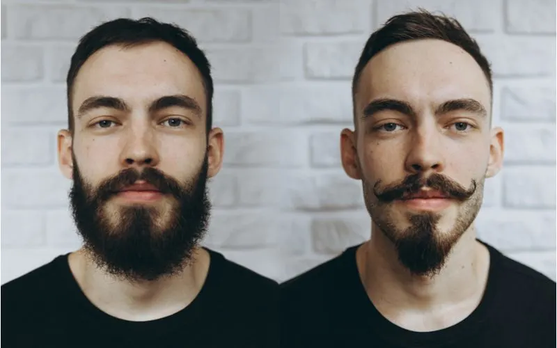 For a piece on mens haircuts with beards, a guy with a mustache and a full beard in a side by side image