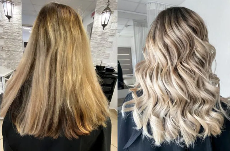 Before and after heatless curls as shown on a woman in a hair salon in a side by side comparison image