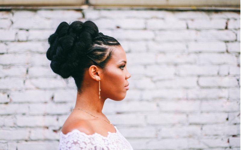 African American bride hairstyle inspiration featuring Bubble Bridal Bun With Criss-Cross Braids