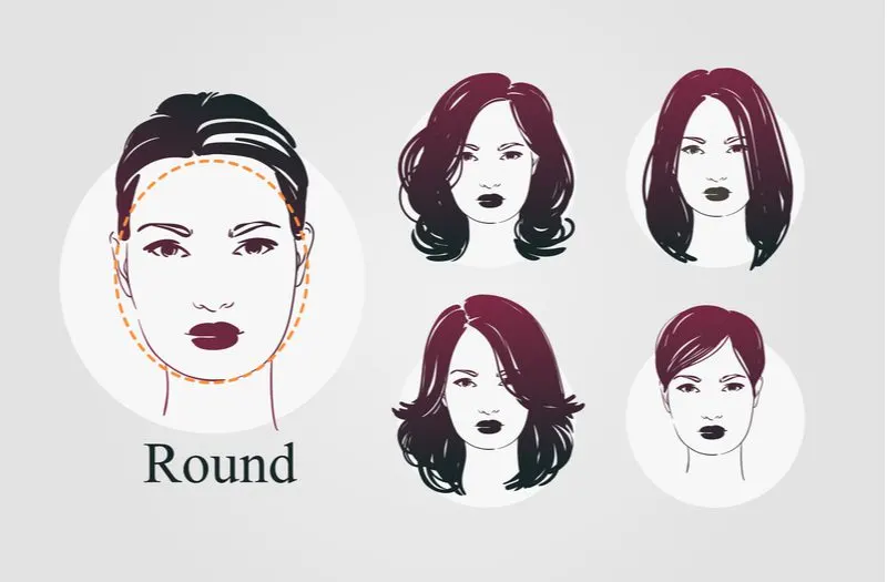 For a piece on haircuts for round faces women, a graphic showing various styles on a round faced woman