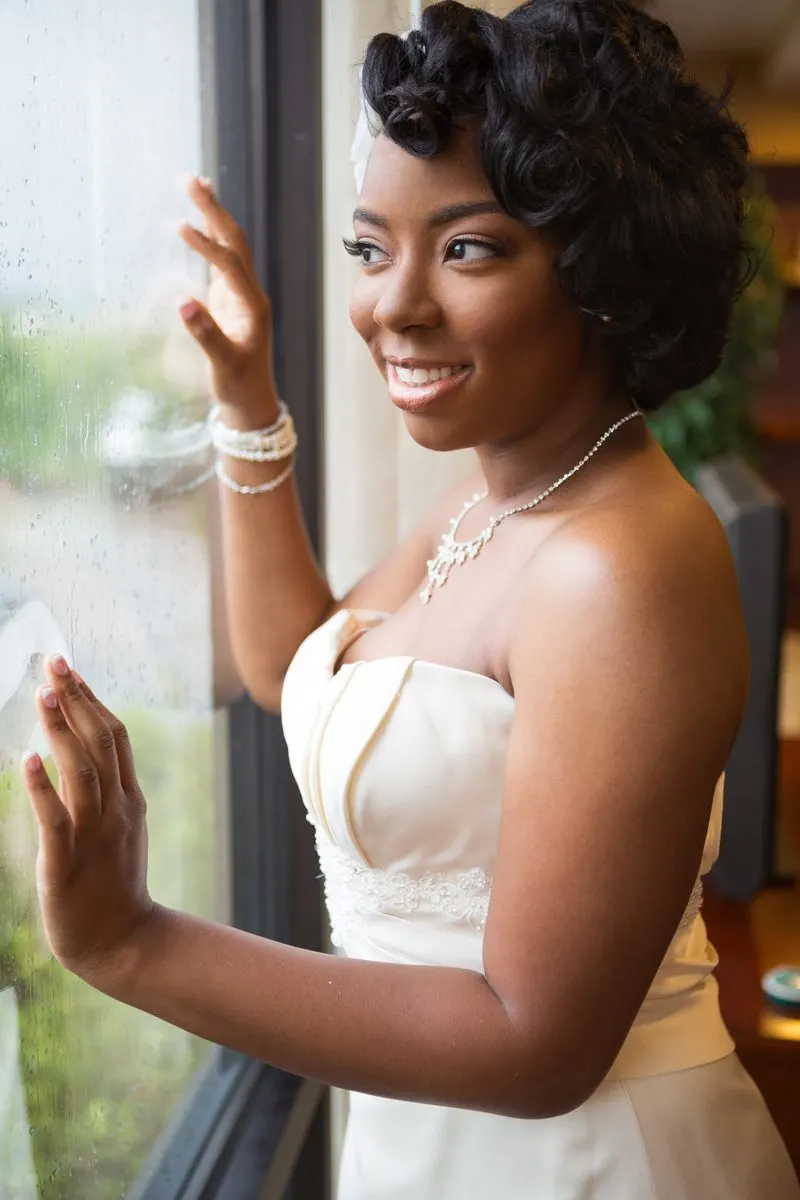 Glamorous Old Hollywood Pin Curls Hairstyle on an African American bride
