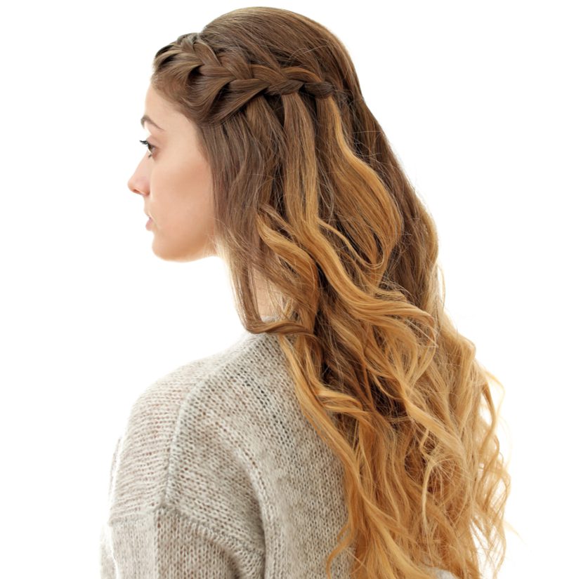 Style guide for teenage girl haircuts featuring a woman with a Partial French Braids and Waves haircut