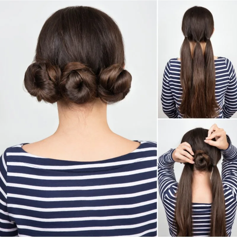 Triple Bun Easy Updo on a woman in a blue and white striped long-sleeve shirt
