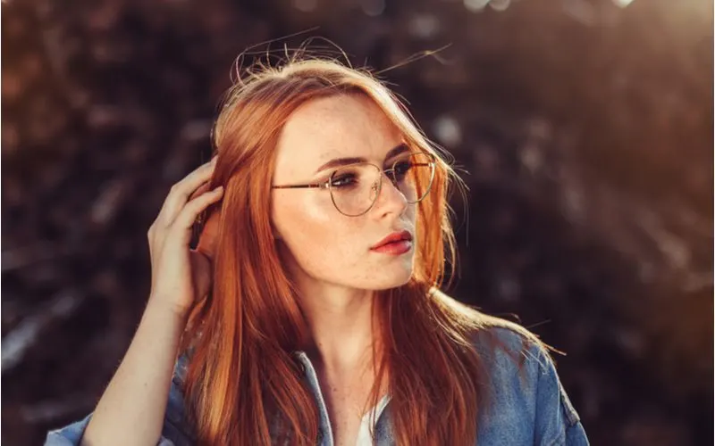Fiery Sunset Auburn Hair on a woman in glasses without lenses
