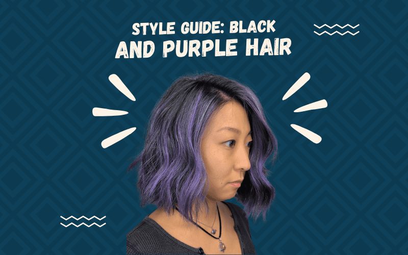 Tiêu đề ảnh Black and Purple Hair mô tả một cô gái trẻ với phong cách này trong một hình ảnh kiểu cắt trên nền đồ họa hình vuông màu xanh lam