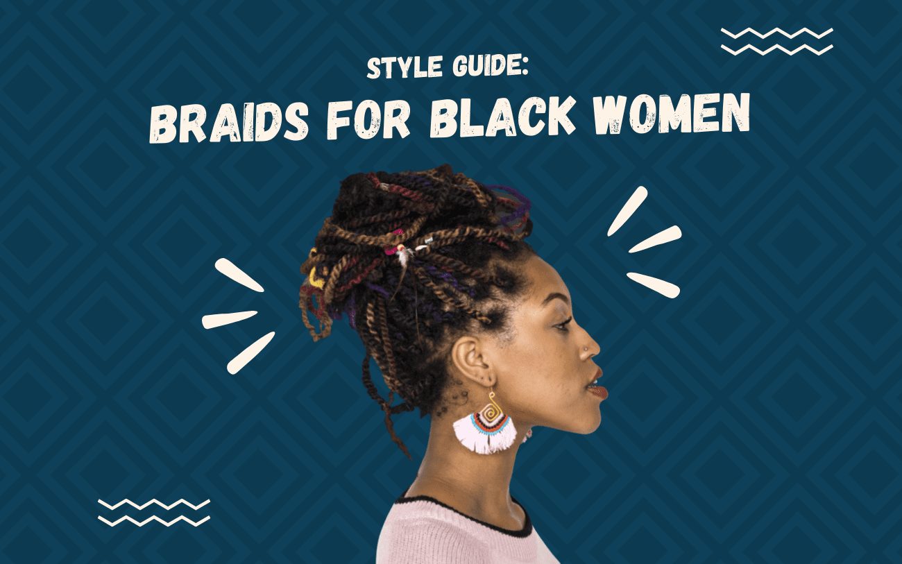 Image titled Braids for Black Woman featuring a women with this style on a blue background