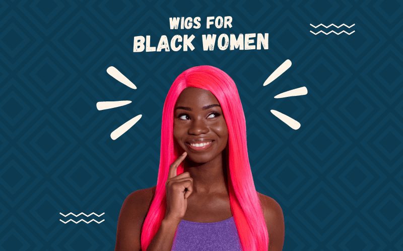 Image titled Wigs for Black Women featuring an African-American woman holding her chin and wearing a pink wig