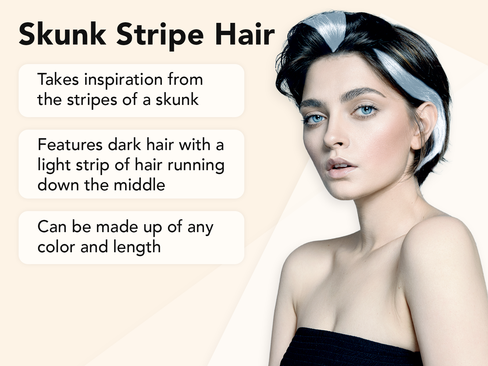 Tan skunk stripe hairstyle image on a tan background explaining the look