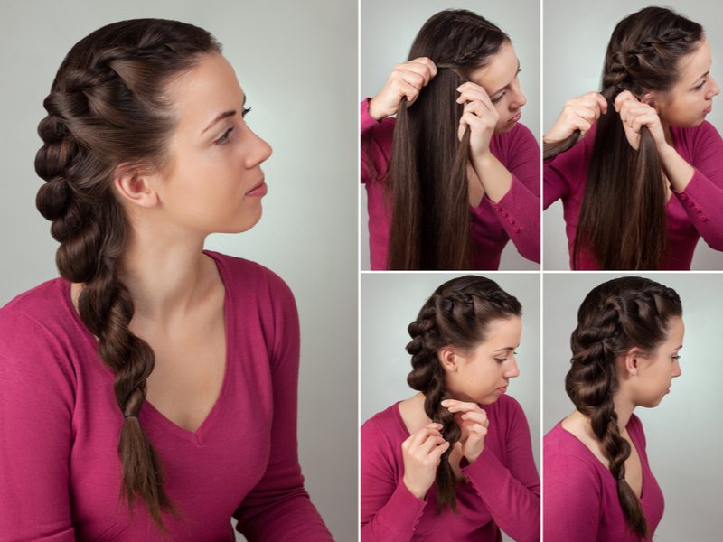 Image shownig how to do a French braid featuring a woman in a collage-style image walking us through the steps