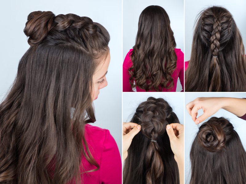 Walkthrough collage-style image of a Half-Up French Braid Top Knot