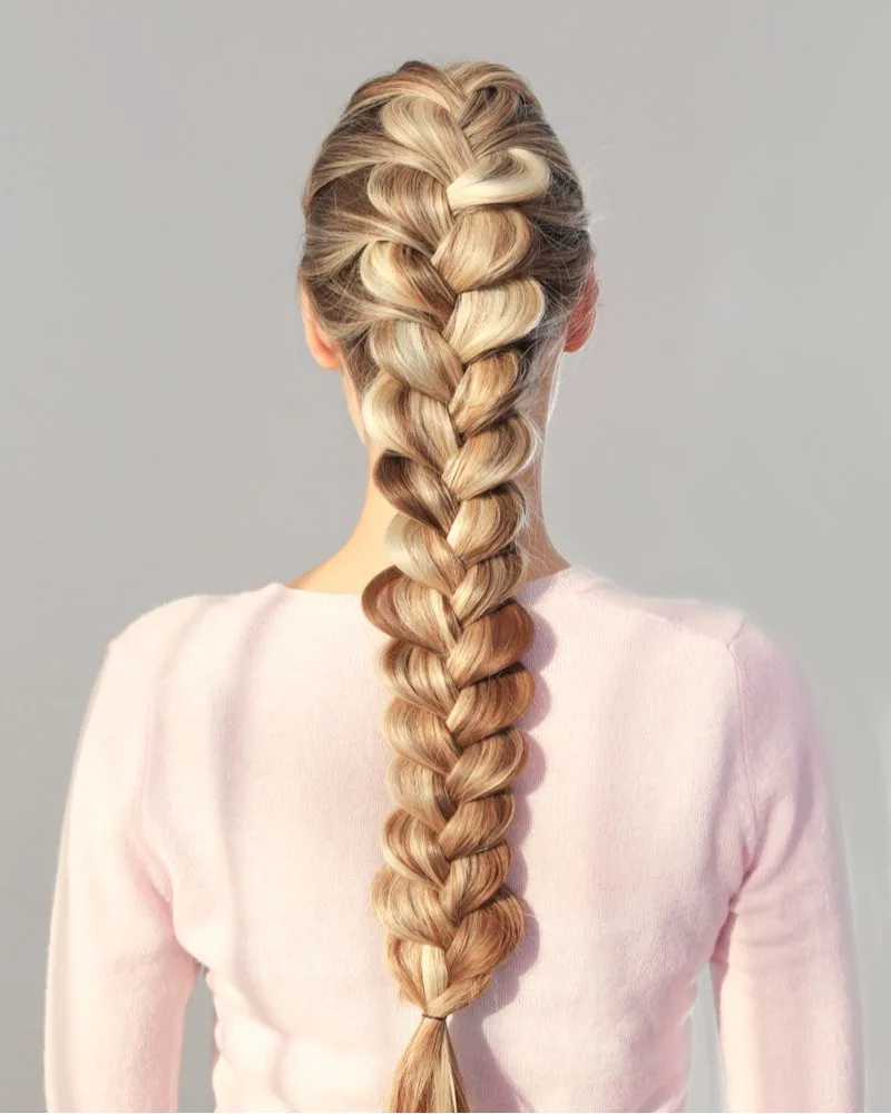 Fluffy Pancake French Braid on a woman as viewed from behind
