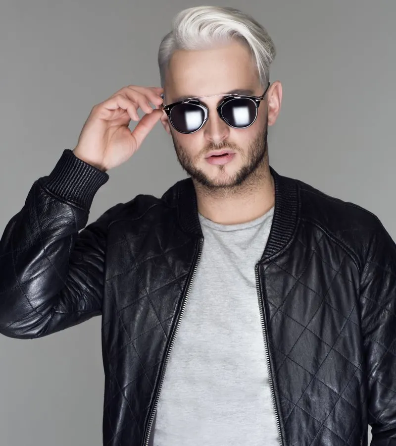 Silver hair man in a leather jacket wears sunglasses