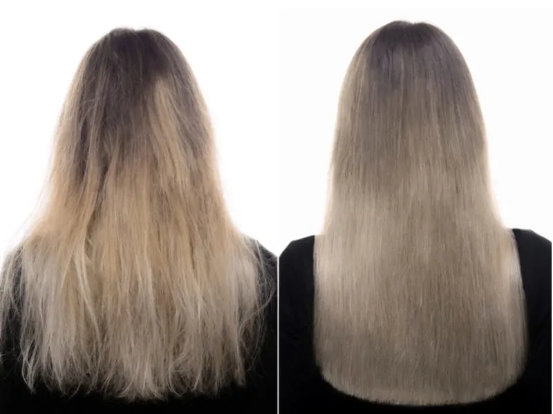 Image showing the before and after image of a woman with thin then thick hair for a piece on how to thicken hair