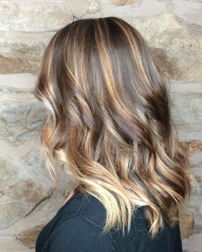 Striped Balayage Brown hair with blonde highlights