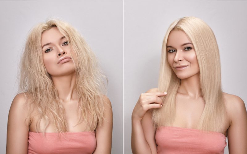 Before after of a woman with messy hair