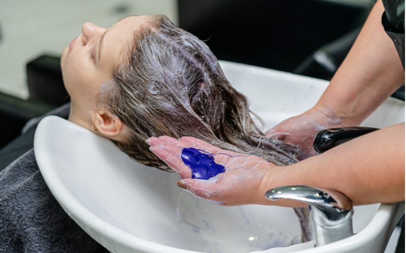 Woman toning her hair with purple shampoo
