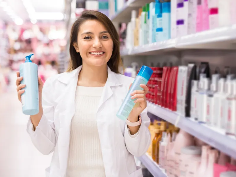 Woman shopping for the best clarifying shampoo and holding two bottles in her hands