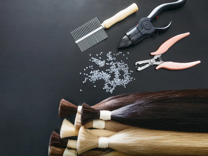 Image for a piece on "should I get hair extensions" featuring hair and tools
