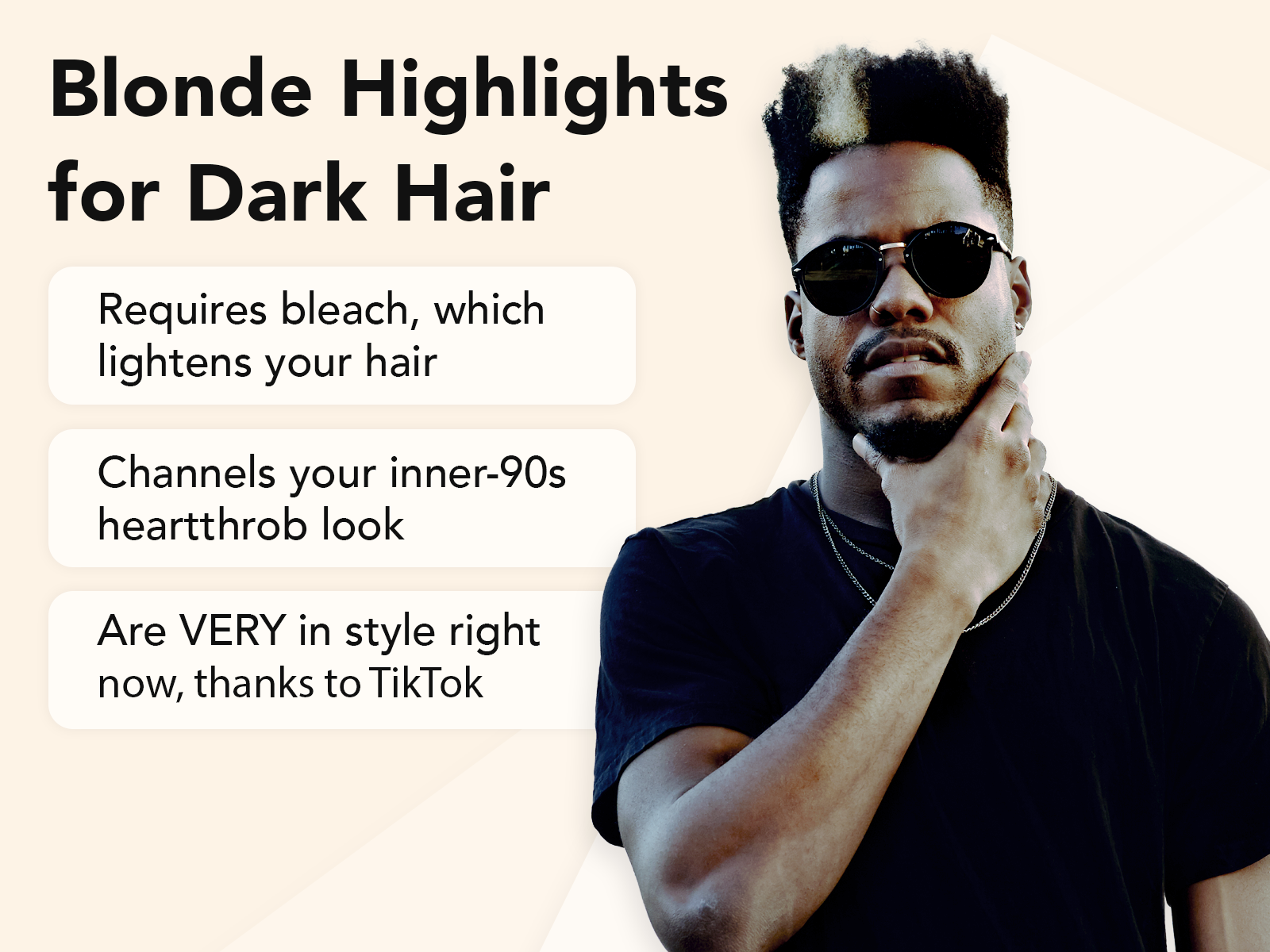 Blonde Highlights on Dark Hair Male hairstyle explainer image on a tan background