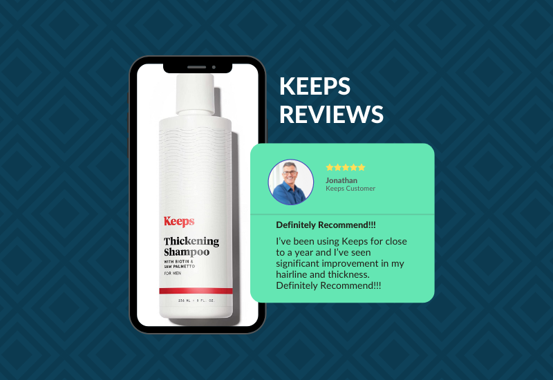 For a piece on Keeps reviews, a phone with a bottle of the product sits next to a graphical version of a real user review