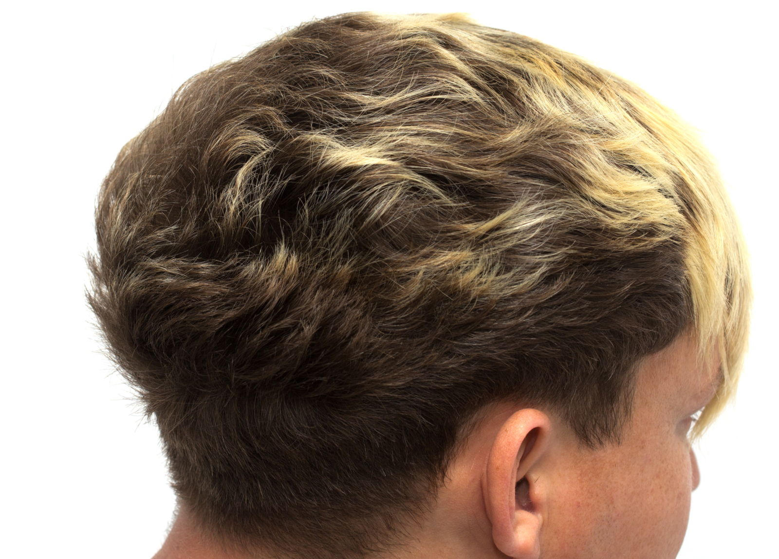 Close up of a man with frosted tips of hair in a bright white studio