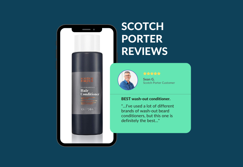 For a piece on Scotch Porter reviews, a phone with a bottle of the product sits next to a graphical version of a real user review