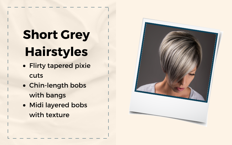 Image titled Short Grey Hairstyles for Women that highlights the main features of this cut and an example on the right