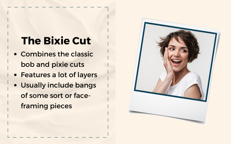 Image titled The Bixie Cut that highlights the main features of this style and an example on the right