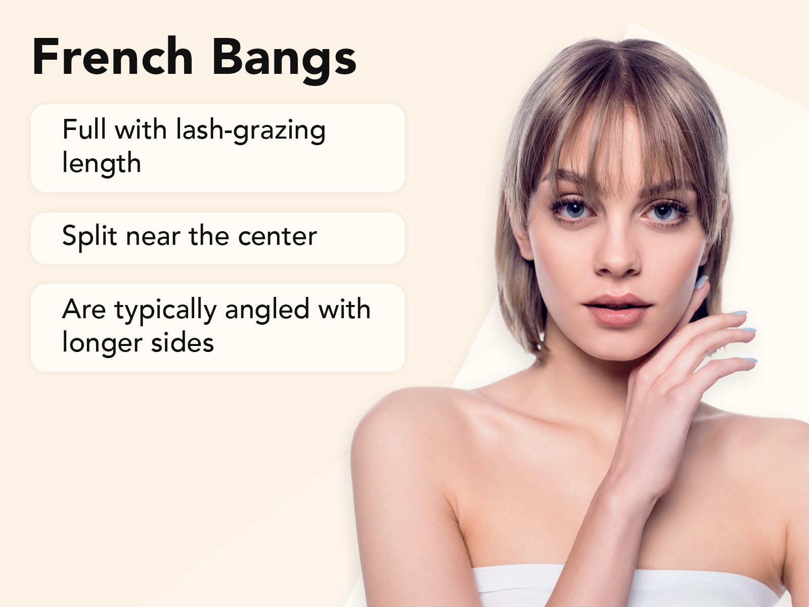 What Are French Bangs explainer image on a tan background