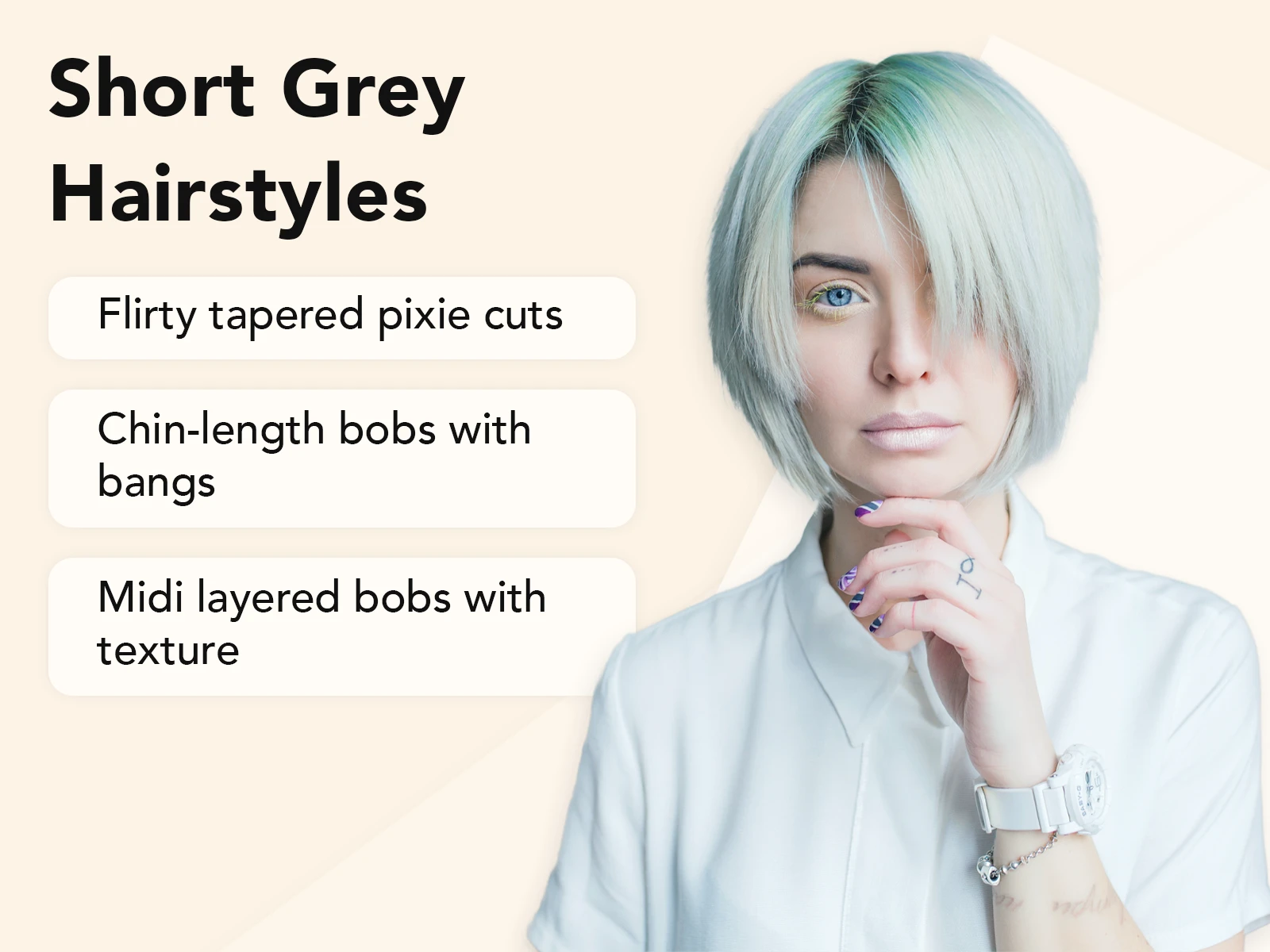 What Are Short Grey Hairstyles explainer image on a tan background
