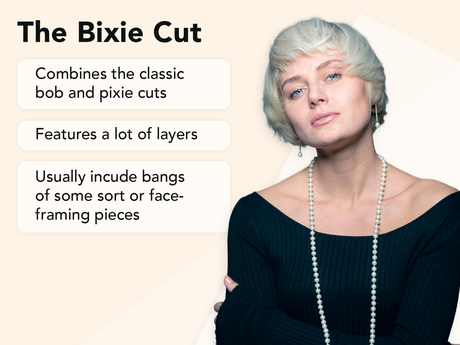 What Is a Bixie Cut explainer image on a tan background