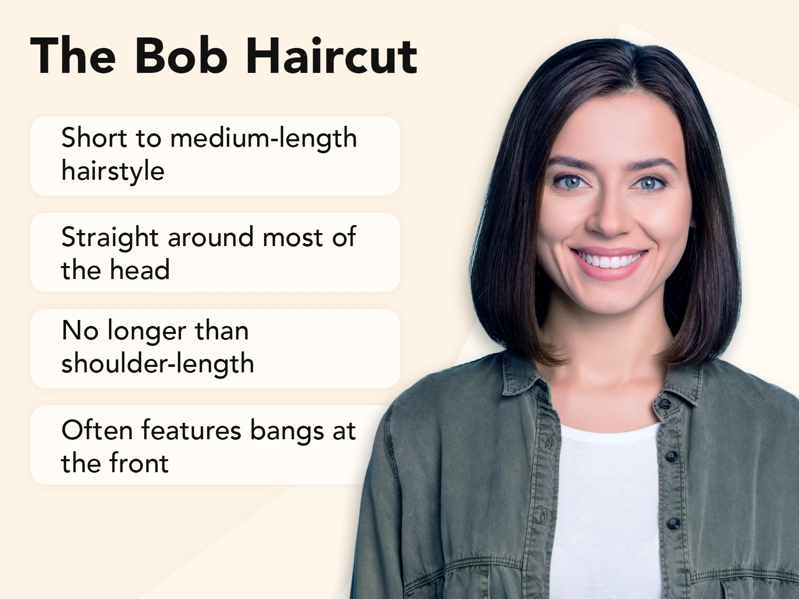 Explainer image of the bob haircut featuring a woman on the right and hairstyle traits on the left