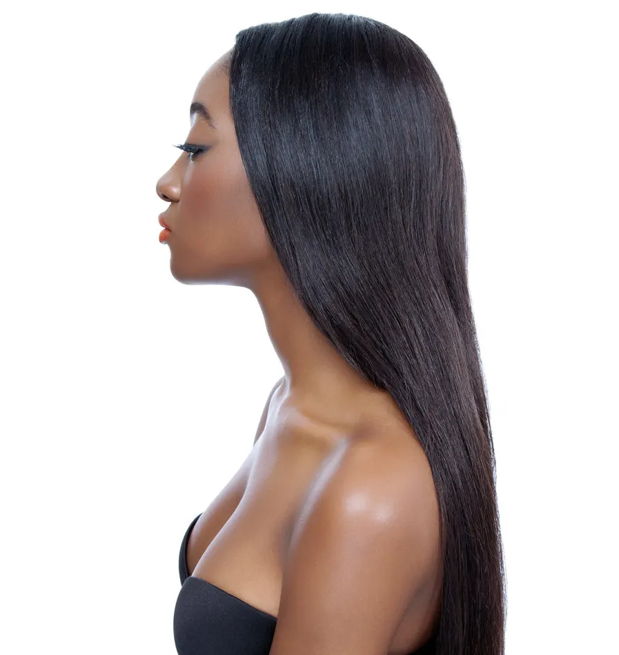 Side profile of a black woman with sleek hair