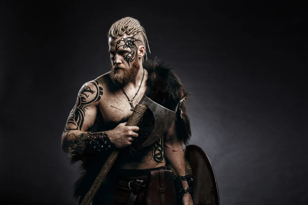 For a piece titled did vikings have dreads, a guy with such a style stands in a dark room holding an axe