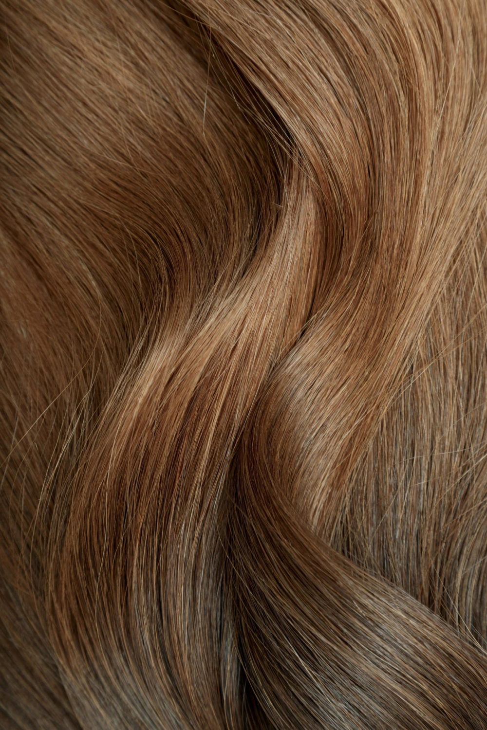 Chestnut colored hair in a vertical image with a swatch of hair in view