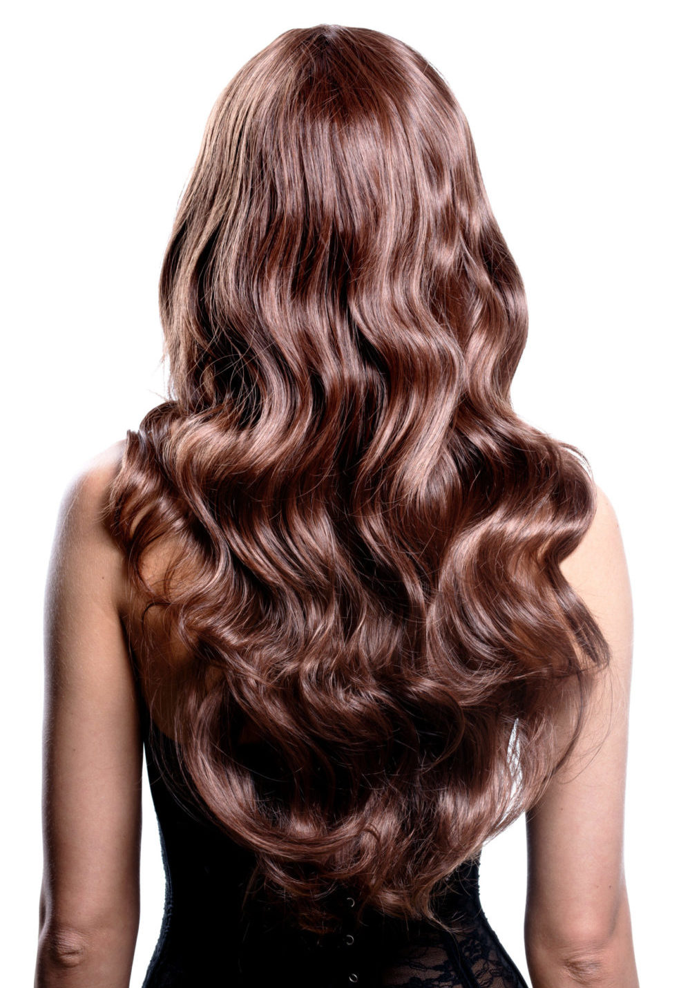 Brilliant Mahogany Red Brown Hair Color on a thin pale model in a studio