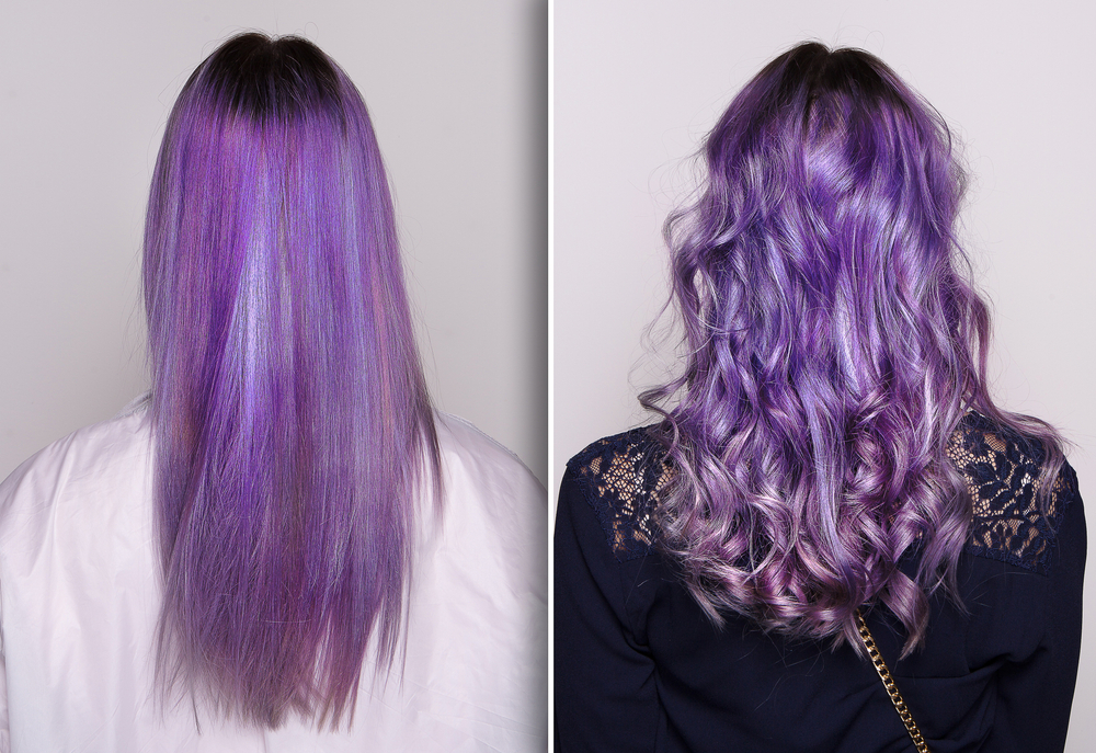 Side by side image of a person with purple hair, an unnatural hair color for people with cool skin tones